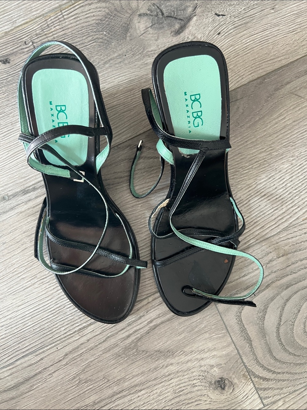 BCBG Black Strappy Sandals with Mint Green Footbed